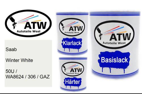Saab, Winter White, 50U / WA8624 / 306 / GAZ: 1L Lackdose + 1L Klarlack + 500ml Härter - Set, von ATW Autoteile West.